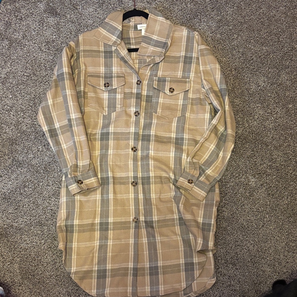 Stylish Plaid Midi Dress - Tan and Gray